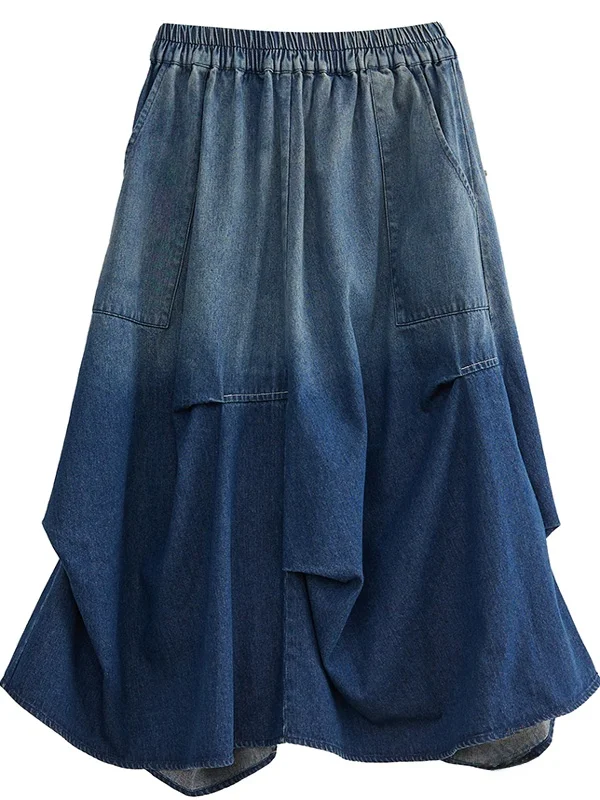 aduated Color Denim A-Line Skirt Women's Summer Elastic Waist Loose Pleated Long Skirts for plus Size Hide Hip Slimming