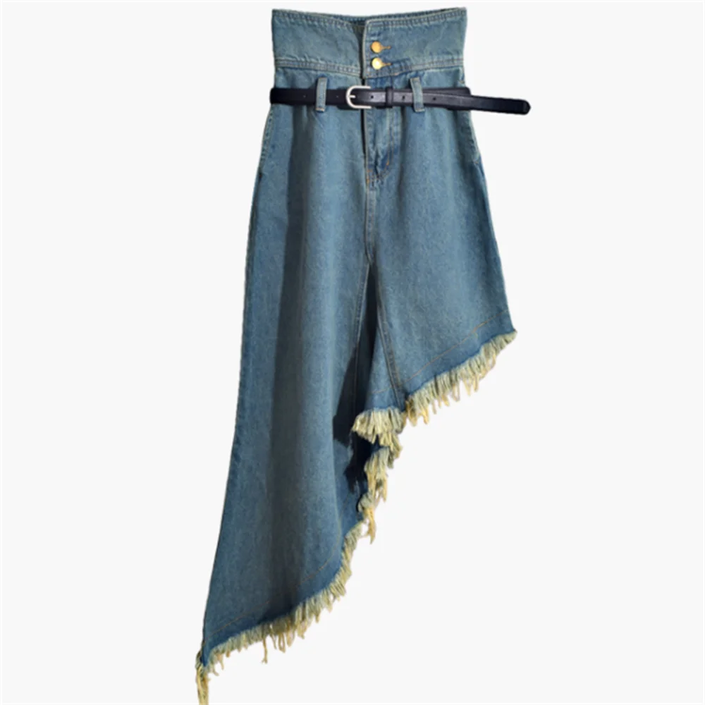 

Женская длинная джинсовая юбка с бахромой и кисточками