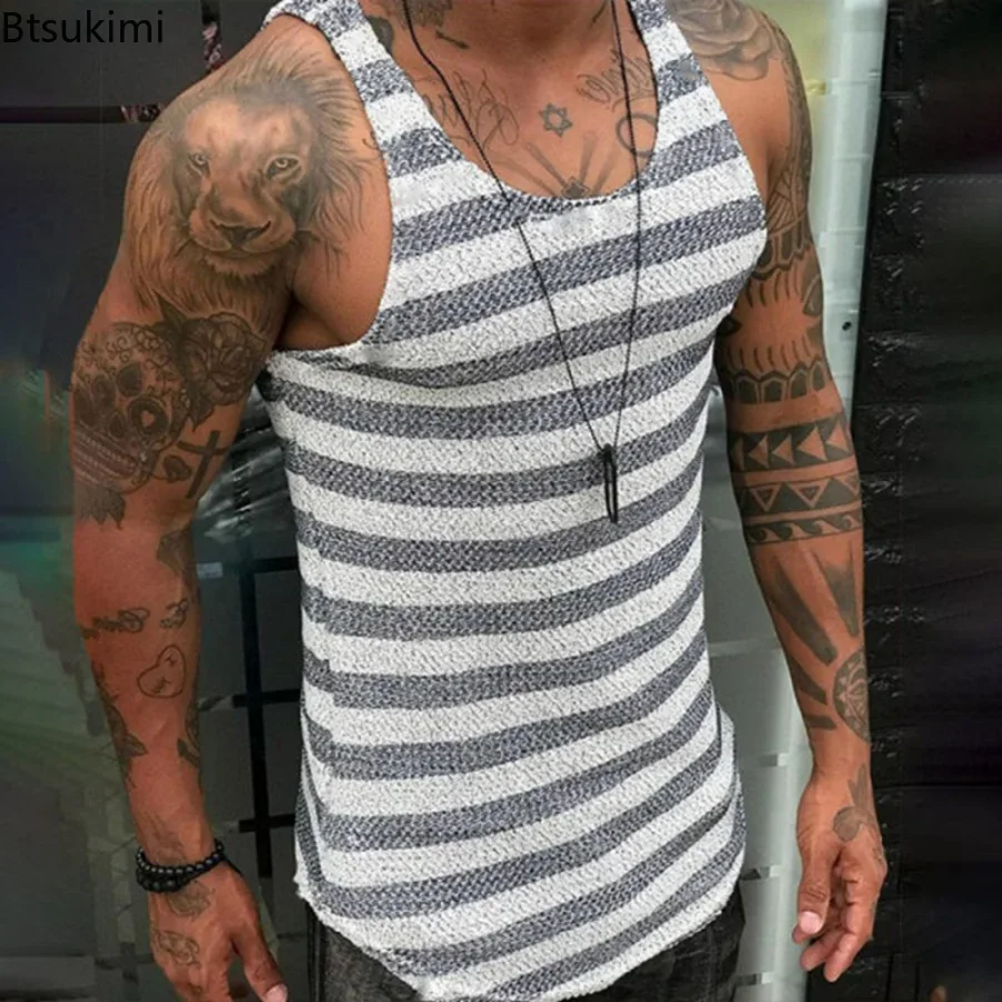 2024 Men's Summer Casual Kniited Tank Top Sexy Stripe Mens Summer Clothing Fashion Splice Transparent Vest Mens Sleeveless Tops