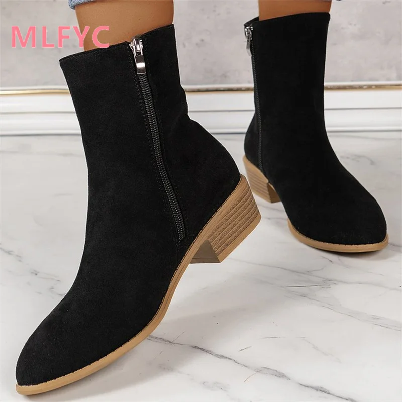 Autumn Winter Low Tube Square Heel Side Zipper Solid Color Wear-resistant Fashion Boots for Women's Simple Casual Boots