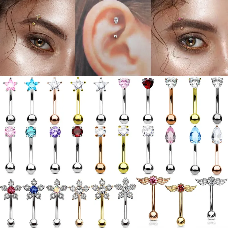 Piercing en Forme d'Étoile en Clip, Bijoux en Forme de Cœur Incurvé, Barbell, Boucles d'Oreilles Rook, Tragus Helix Cartilage, Aile d'Angle