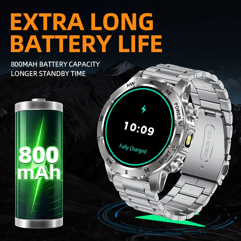 LIGE New 800mAh Battery Smart Watch Outdoor Sports Compass LED Flashlight Bluetooth Talking Smartwatches For Men Health Monitor