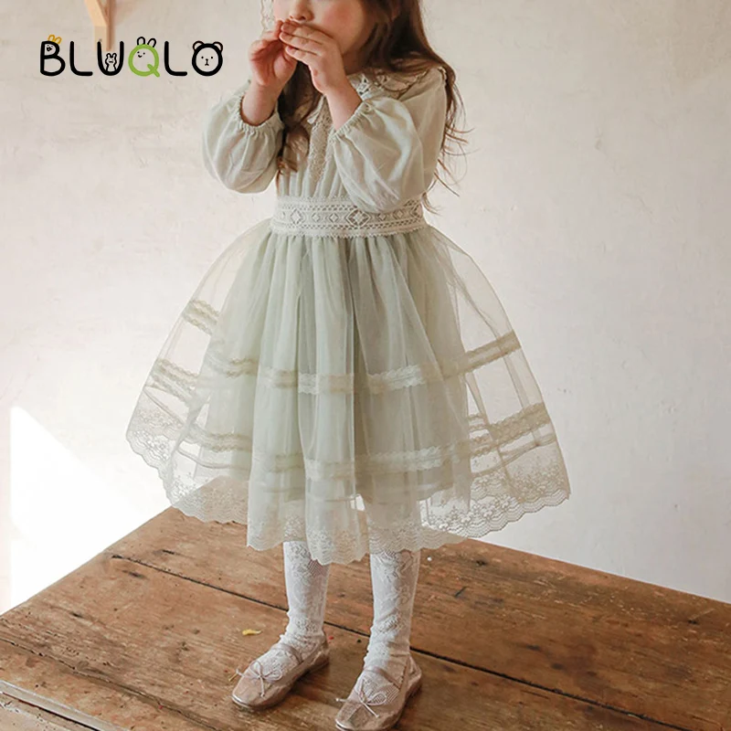 Light Green Pink Dresses For Girls Spring Summer 2022 Baby Girl Sweet Party Dress Lace Children Mesh Dress Teens Kids Clothes boutique baby dresses