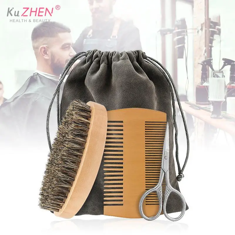 

1PCS Pro Soft Boar Bristle Beard Brush Scissors Shaving Brush Comb Men Mustache Comb Kit With Gift Bag Beard CombTrimming Brush