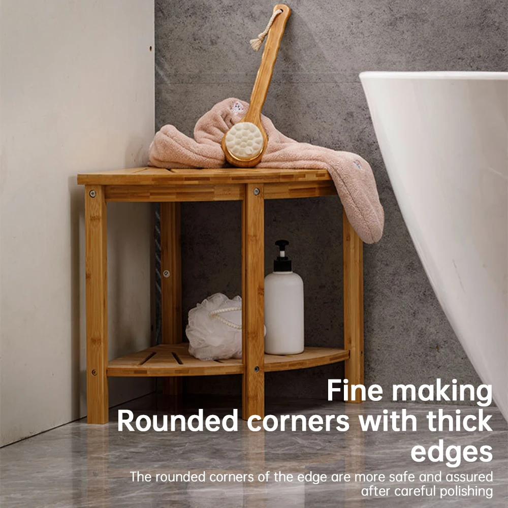 Corner Shower Stool with Storage Rack Anti-slip Natural Bamboo Shower Bench Multifunctional Shower Caddy Bathroom Organizer