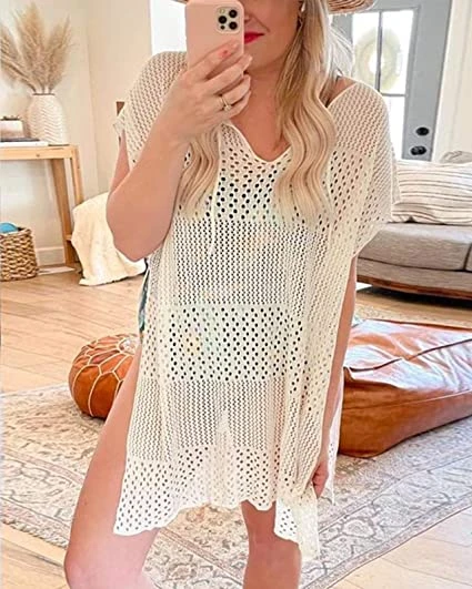 shein bathing suit cover ups Summer Swimsuit Women Bikini Cover Up Solid Half Sleeve V-Neck Crochet Hollow Slit Mini Short Loose Tunic Beach Dress Beachwear sexy bathing suit cover ups