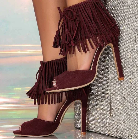 

Burgundy Suede Peep Toe Sandals Fringe Ankle Strap High Heels Shoes Vintage Cover Heels Stiletto Heels Summer Classic Casual Sho