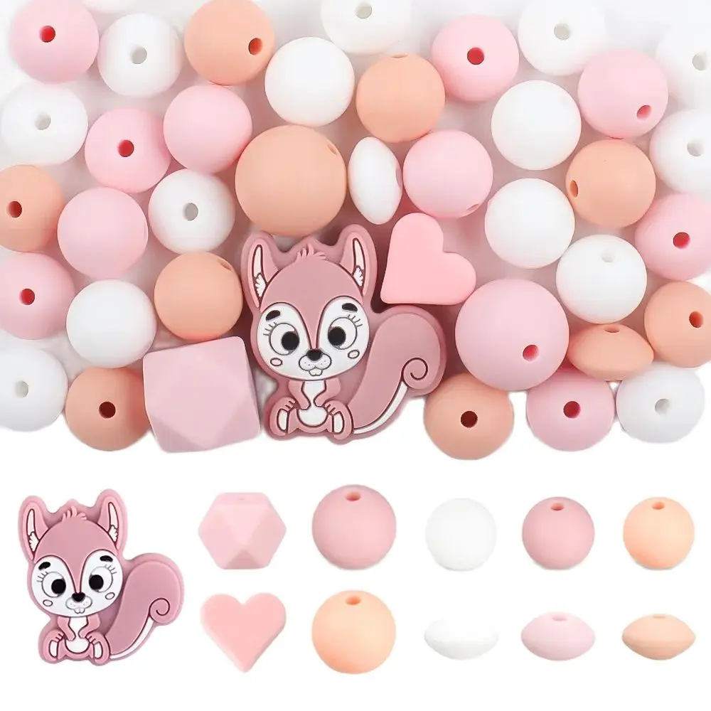 50Pcs Set Baby Silicone Round Beads Cute Squirrel Loose Beads Teethers Teething Toys Food Grade DIY Pacifier Clips Accessories