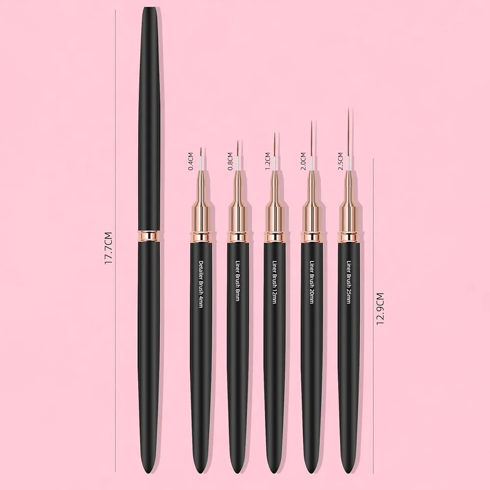 Black Nail Art Liner Brushes 5Sizes Painting Nail Design Pen /8/12/20/25mm Drawing Tool for Long Lines Thin Details Manicure Pen 5