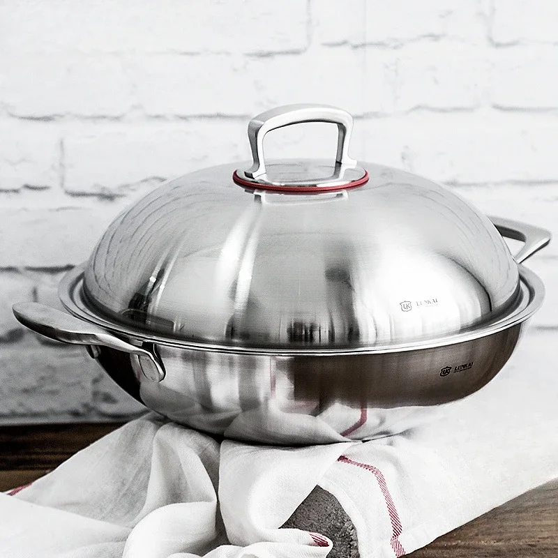 18/10 Stainless Steel Cooking Pots 36cm Uncoated Non Stick Cookware Multifunctional Frying Pan Thicken Durable Kitchen Utensils