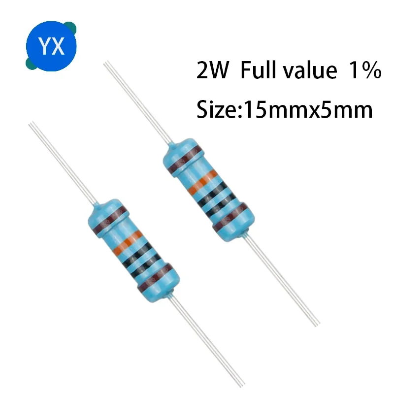 20PCS 2W metal film resistor 1% five-color ring power resistor 0.1R~1M 1R 4.7R 10R 47R 10R0 220R 470R 1K 2.2K 10K 4.7K 100K Ohm 2