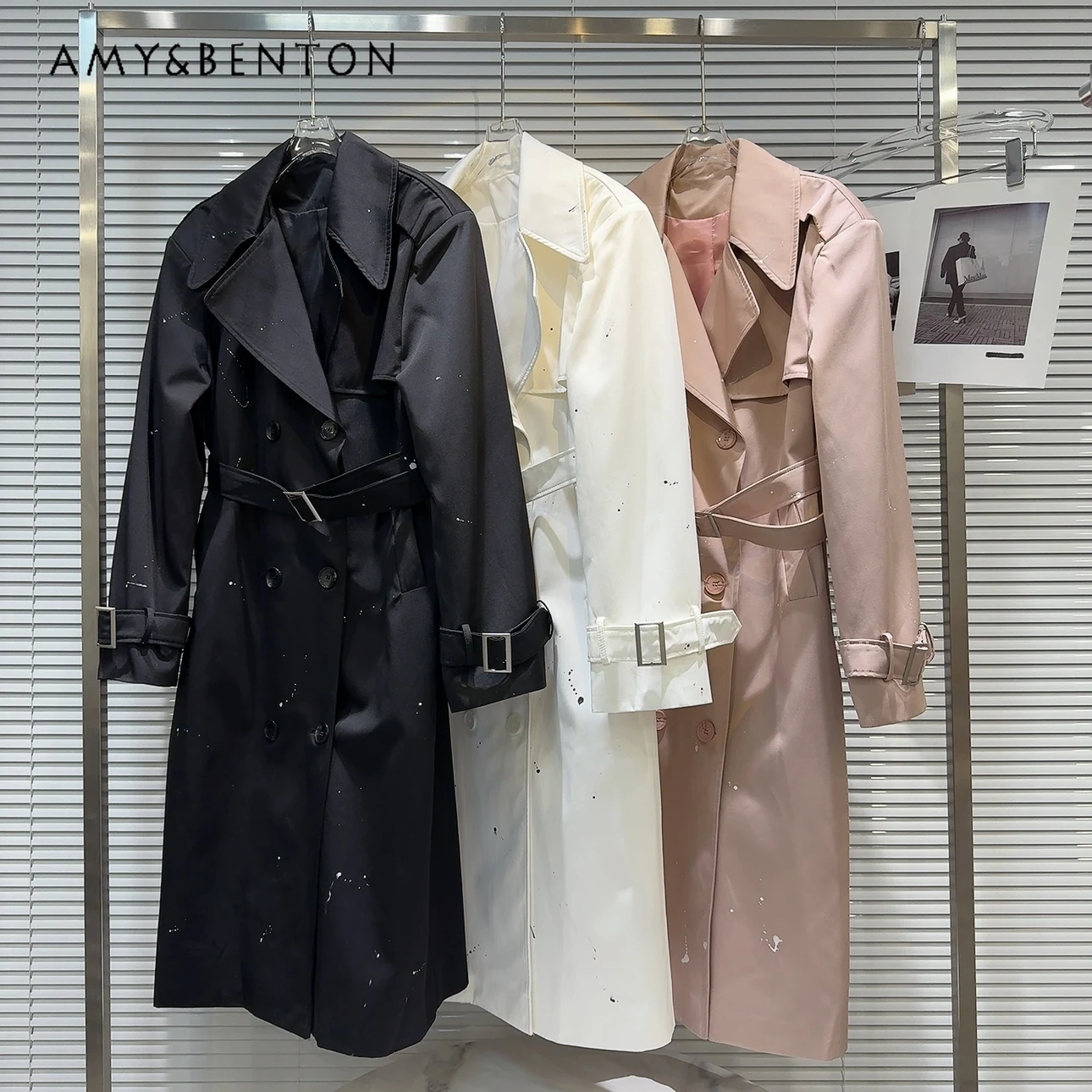 Spring New Korean Fashion Vintage Printed Belt Lace Up Mid-Length Trench Coat Women Commute Style Loose Slim Versatile Jacket