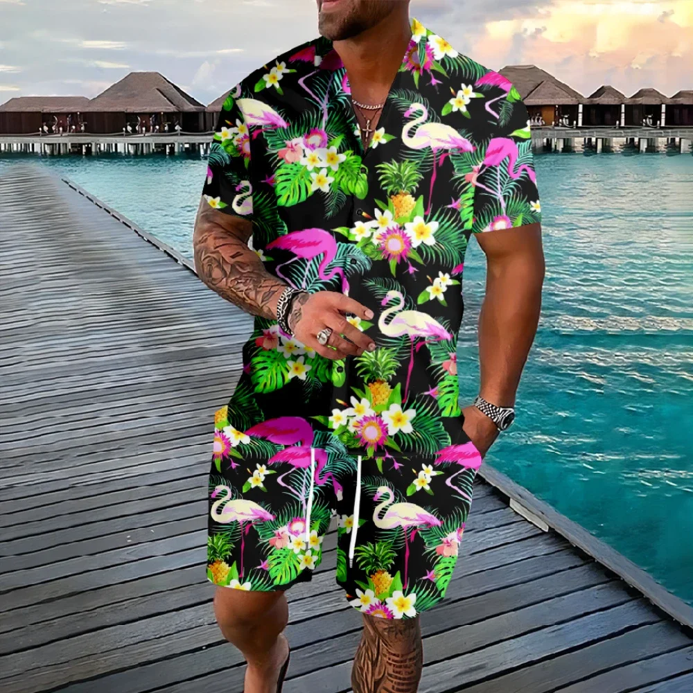 Hawaiian Flamingo Coconut Tree 3d Print Short Sleeve Shirt+Shorts 2Pcs Set Casual Beachwear Vacation 2 Piece Suits Men Clothing 2