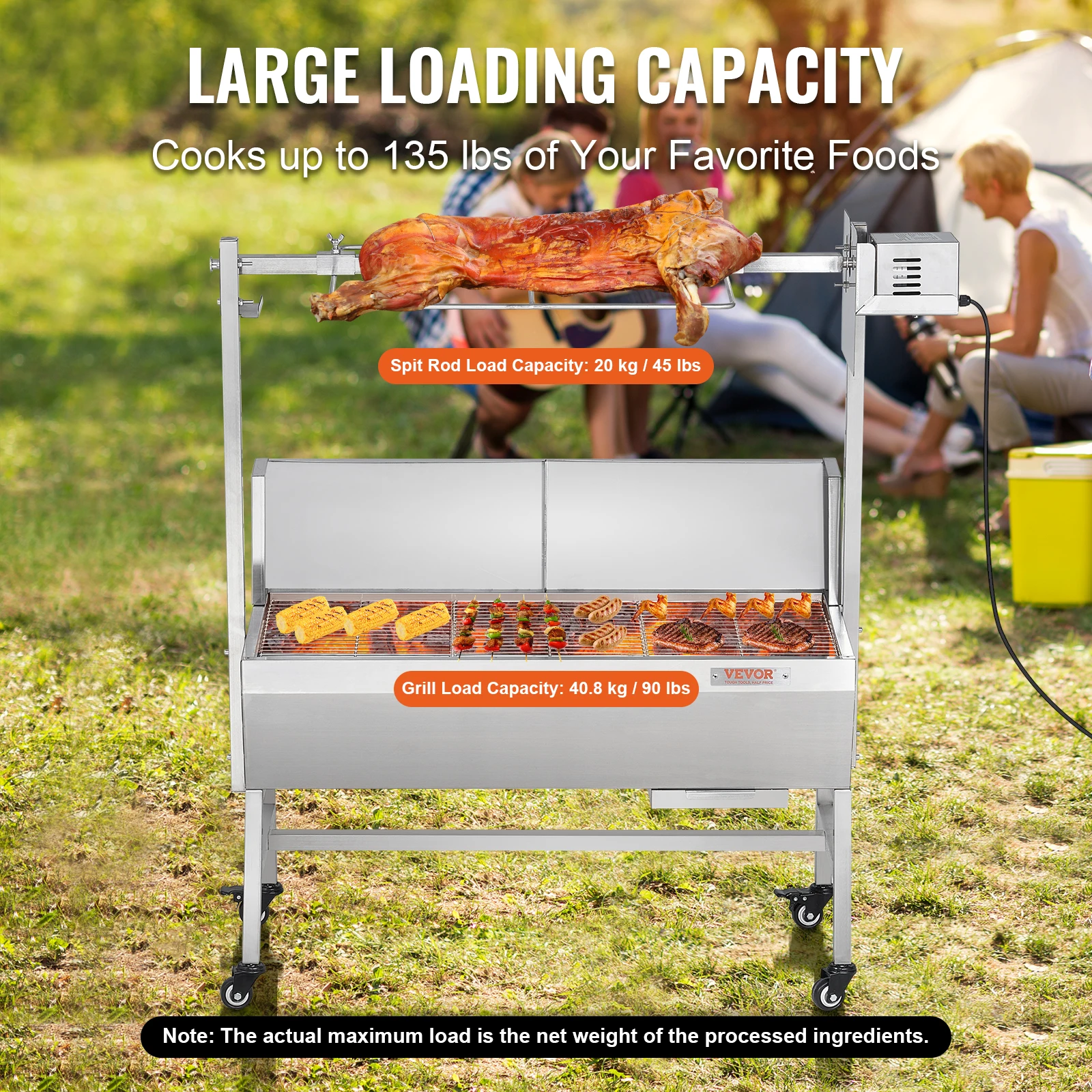 VEVOR 35inch Rotisserie Grill Electric Motor Charcoal Spit Grill Stainless Steel Roaster w/Lockable Wheels for Camping Outdoor 3