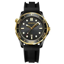 BINBOND Ultra - Thin Sea Horse Series Quartz Watch - Men's Casual Fashion, Waterproof, Luminous, Sports & Business Timepiece (Rubber black gold)