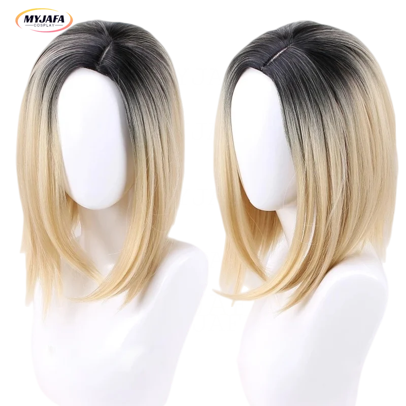 

Halloween Bride of Chucky Women Tiffany Blonde Omber Black Hair Middle Parting Wigs Jennifer Tilly Cosplay Wig + WigCap