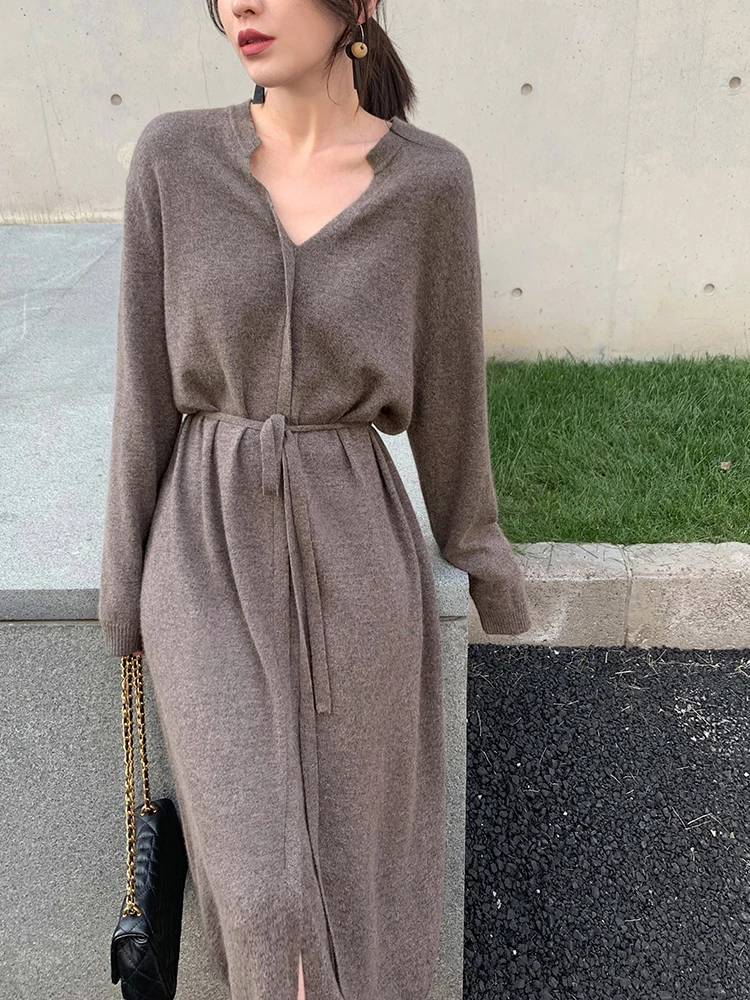 

Осенне-зимняя одежда Chrysler, женские платья 2023, вязаное платье с v-образным вырезом и шнуровкой на шнуровке, повседневное платье миди с длинным рукавом и разрезом спереди