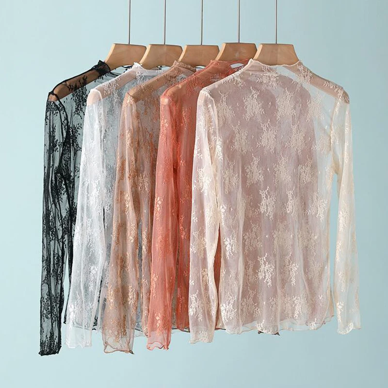 Sexy Women Mesh T-Shirts Transparent Lace Blouse Long Sleeve See Through Tops For Women Bottoming Shirt Sheer Tees Body Crop Top 1