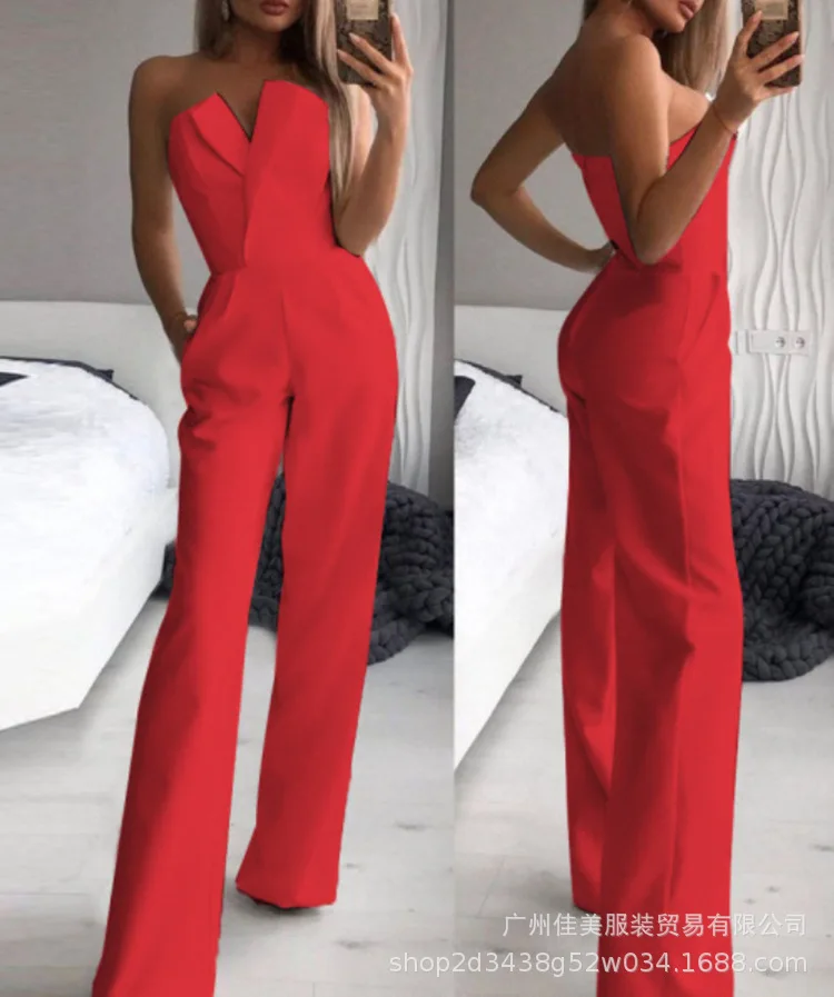 Women's Elegant Bandeau Jumpsuit Summer Solid Off Shoulder V-neck High Waist Temperament Sleeveless Pocket Design Jumpsuit