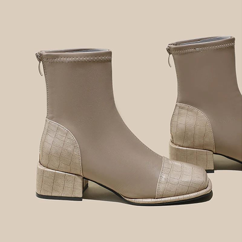 

Elegant Texture Embossed Square Toe Ankle Boots Woman Winter Warm Plush Lined Stretch Booties Ladies Low Heel Back Zipper Botas