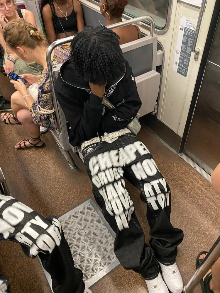 

Y2k Jeans Hip Hop Letter Printed Black Pants Men Women 2023 New Trend Fashion Punk Loose Straight Wide Leg Trousers Streetwear