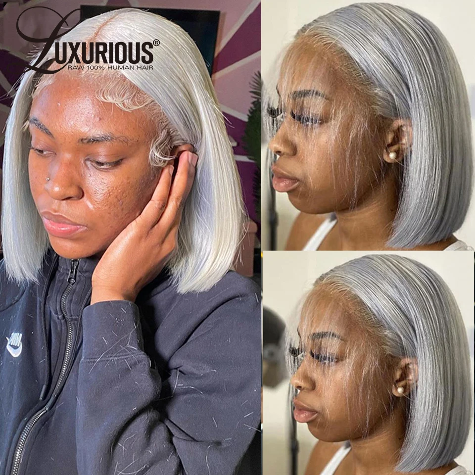 Human Hair Wig Sliver Grey Short Bob 13x4 Transparent Lace Frontal Wig Straight Brazilian Remy Hair Wig For Women