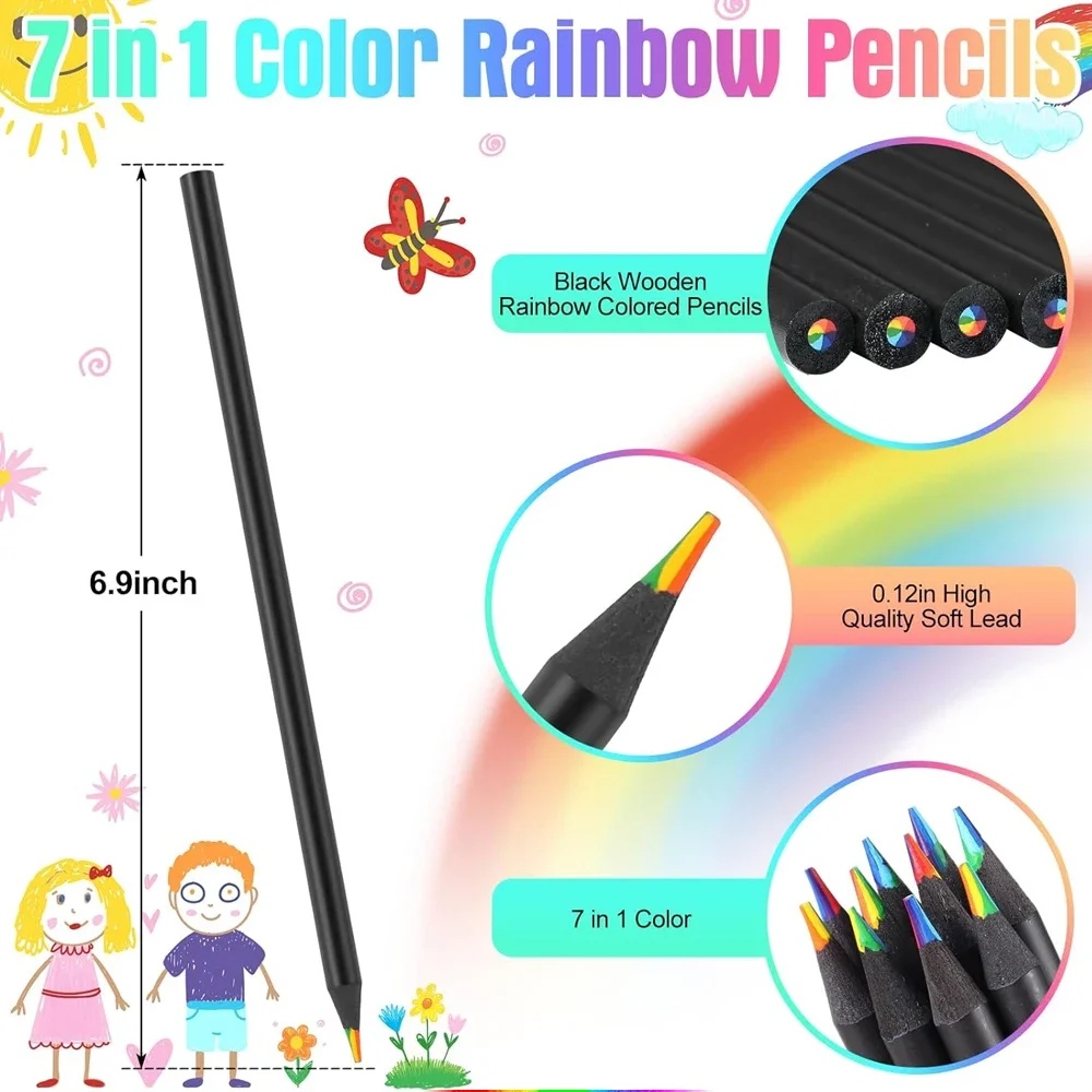 1-300 قطعة قلم رسم قوس قزح ملون من الخشب الأسود أق...
