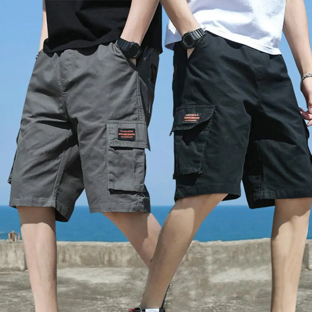 Men Shorts Breathable Men\'s Cargo Shorts with Elastic Waist Multi Pockets for Summer Streetwear Loose Fit Knee Length Sport