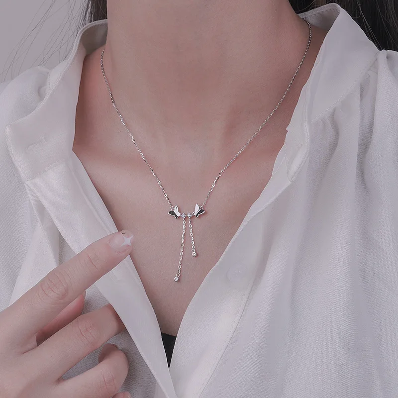 

PANJBJ 925 Sterling Silver Tassels Zircon Butterfly Necklace for Women Girl Simple Fashion Jewelry Birthday Gift Dropshipping