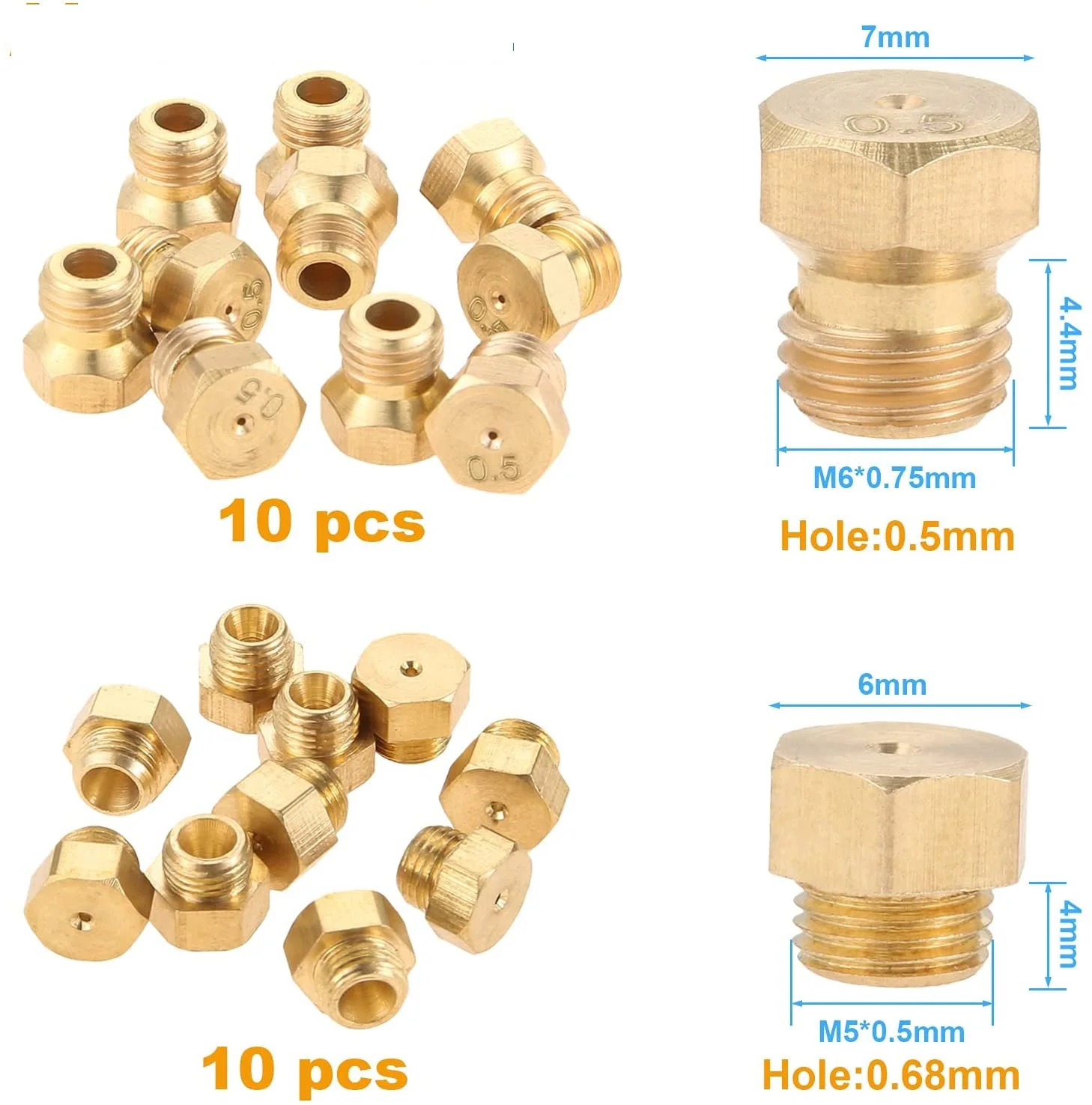 Gas Burner Nozzles Brass Jet M5x0.5mm/0.68mm (10pcs) and M6x0.75mm/0.5mm (10Pcs) For Propane Lpg Gas Pipe Water Heater DIY Burner Parts gas burner nozzle