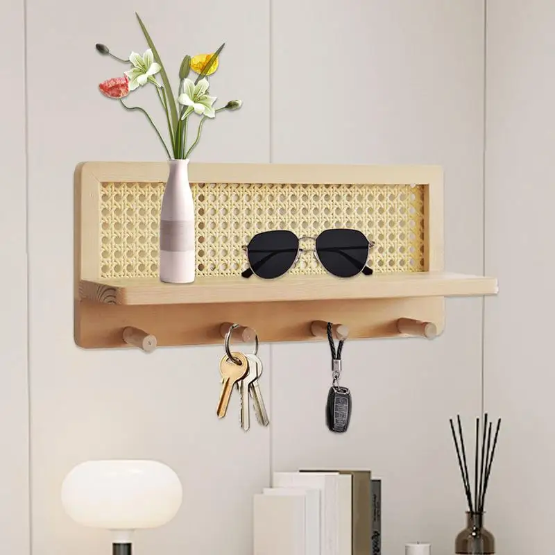 Rattan Wall Shelf Hangable Wooden Boho Shelves Wall Hook Farmhouse Decoration Rustic Wall Organizer Book Shelves with Hooks