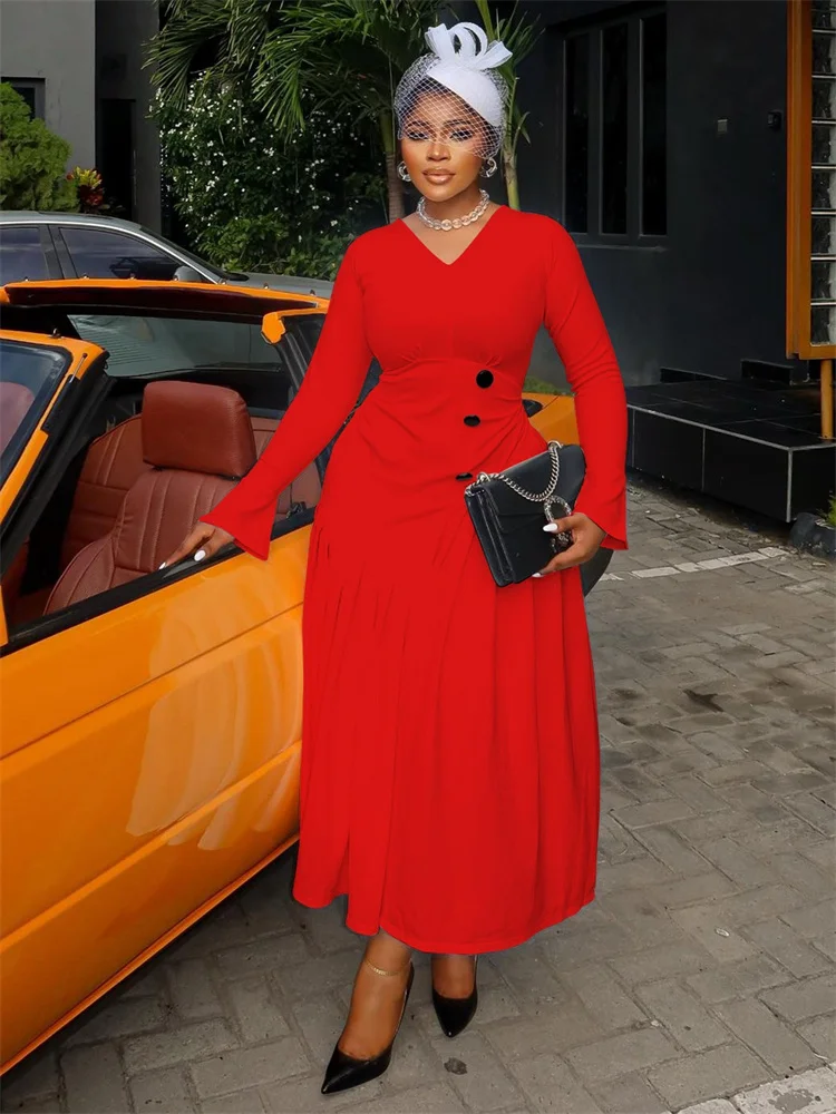 Wmstar Dresses Women Wholesale Solid Color Long Sleeve V Neck Maxi Length Office Lady New Style Fall Clothes Dropshopping