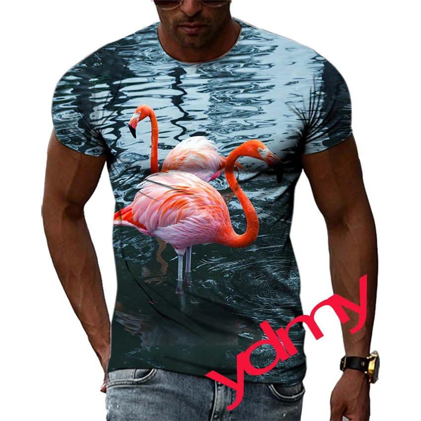 

Tide Fashion Summer Flamingo Picture Men's T-shirt Casual Print Tees Hip Hop Personality Round Neck Short Sleev Quick Drying