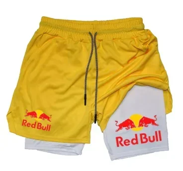 Mens 2-in-1 Red Bull Sports Shorts - Quick-Dry Breathable Running Underwear M-3XL