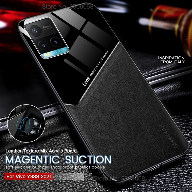 phone pouches Car Magnetic Holder Leather Texture Phone Case Cover For Vivo Y33s Y 33s 33 s 2021 4G V2109 6.58" TPU Soft Frame Protect Coque waterproof phone holder