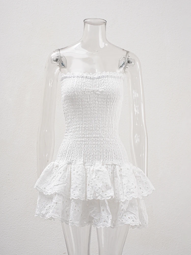 Elegant Embroidery Cut Out Woman Mini Dress Strapless Off Shoulder High Waist Vestidos Female Clothing 2025 Summer 23A430