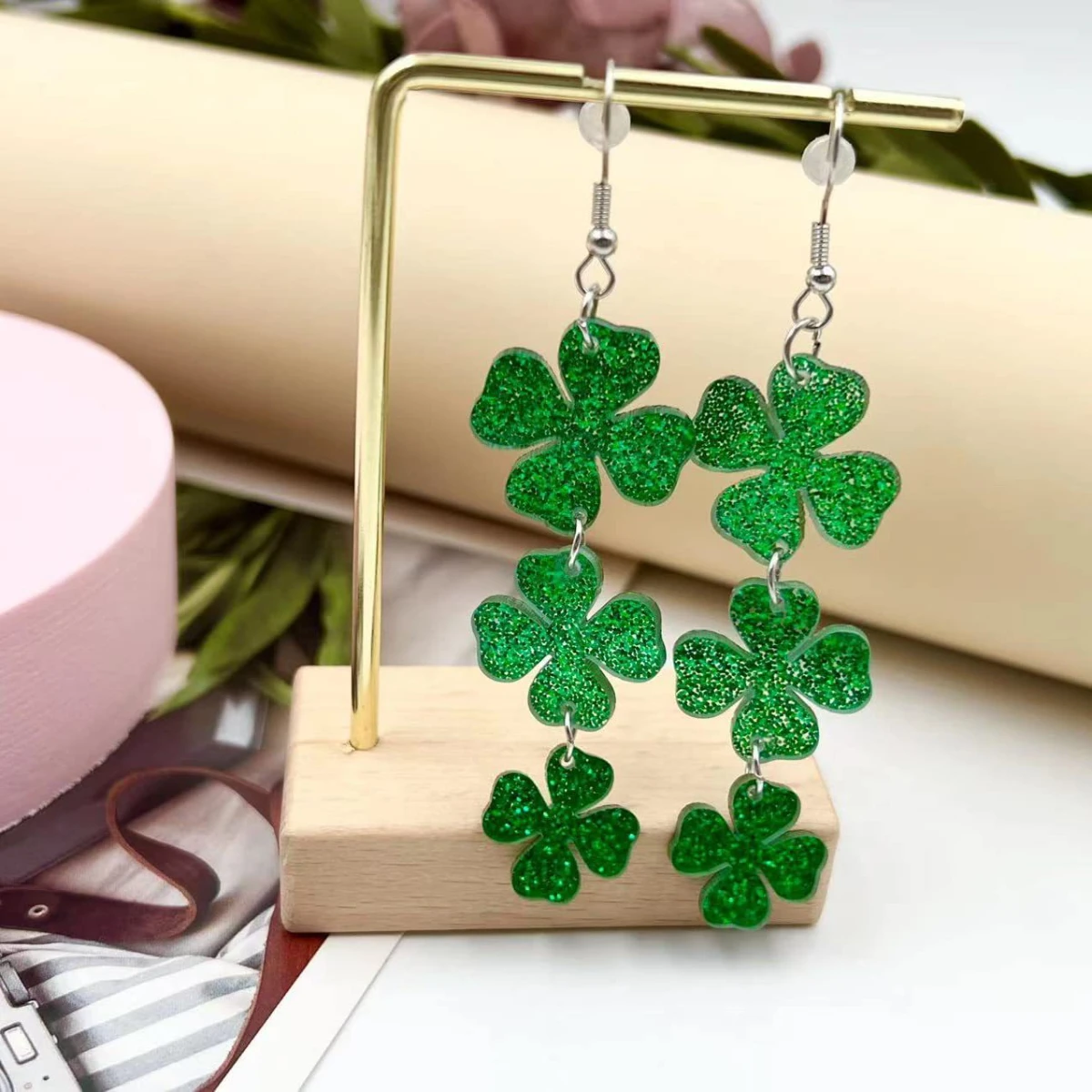 St. Patrick's Day Shamrock Earrings - Green Acrylic Clover Earrings For Women & Girls, Festive Jewelry