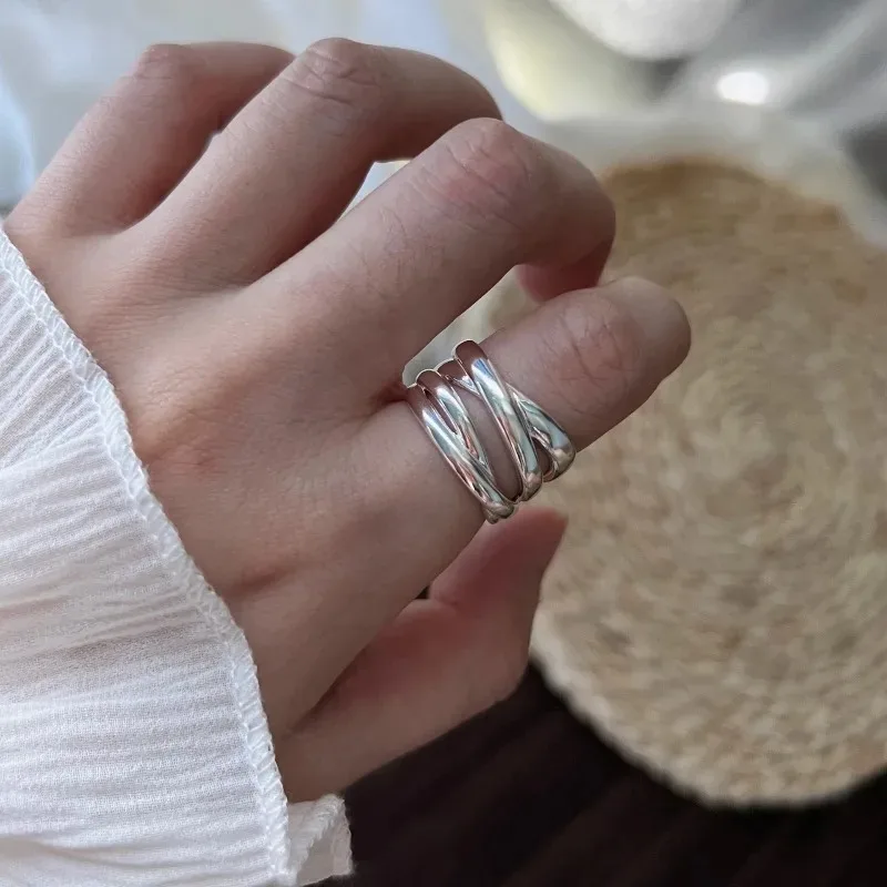 Anelli aperti a strati intrecciati in argento sterling 925 per donna e uomo, anelli regolabili con linee geometriche minimaliste alla moda, gioielli unisex. - immagine 3