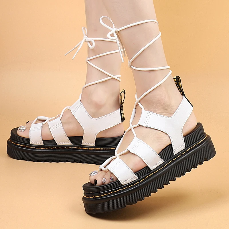 2022 New Leather Women's Shoes Summer Sandals Women's Roman Sandals Thick Bottom Muffin Height Women's Lace Up Sandals