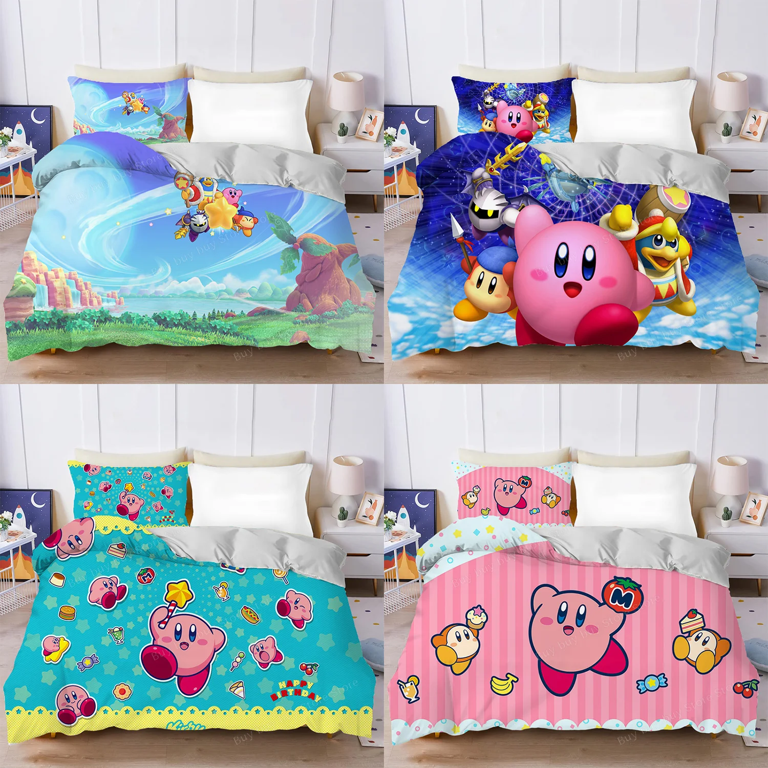 Kirby Bedding Set Cute Cartoon Printed Quilt Copripiumino Federa Suit King Size Anime Adult Children Bedroom Decoration Gift