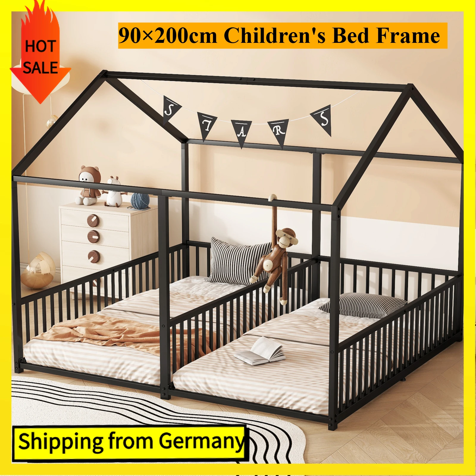 Comanlai 90×200cm Children's Bed Frame,Iron Frame House Bed with Fall Protection,Double Bed Design with Metal Bed Frame,Black