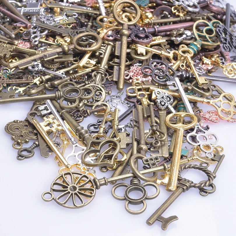 50PCS/Lot Bulk Random Mix Vintage Style Key Alloy Pendant Charm Connecting For Jewelry Women Making DIY Handmade Accessories