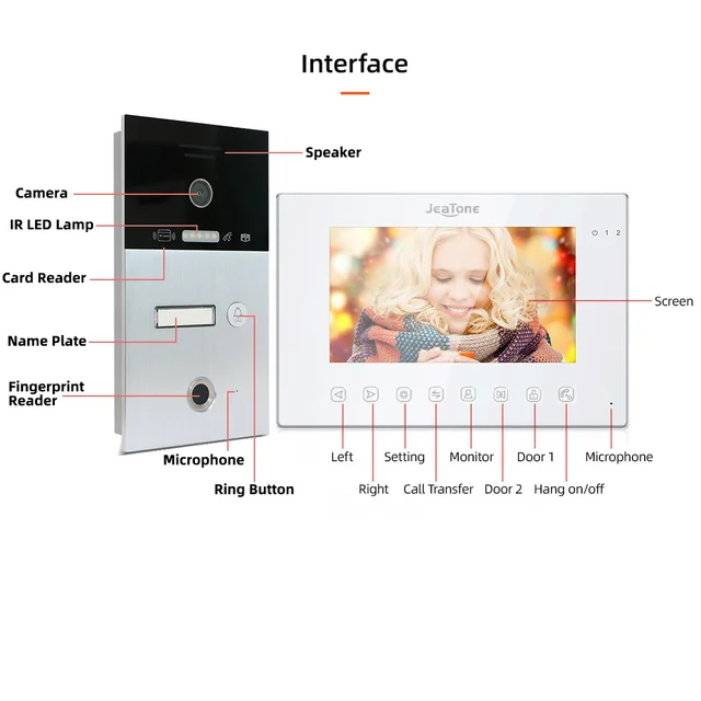 Jeatone 1080P 7Inch Monitor Screen Tuya WiFi Fingerprint Video Intercom Home Door Phone Camera with ID Cards Unlock 6