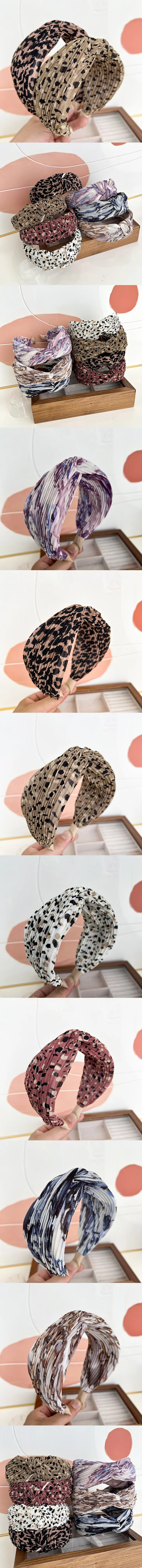 European American Plissee Leopardenmuster Stirnband Haarschmuck Damen Seide Baumwolle geknotet Kopfwickel breiter Rand gekreuzte Haarreifen – Detail 1