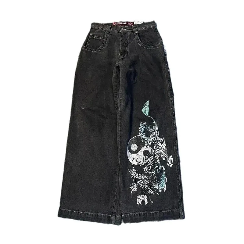 New Men Y2K Vintage Loose Big Pocket Denim Jeans Casual Simple Niche Hip Hop Printing Jeans Streetwear Wide Leg Denim
