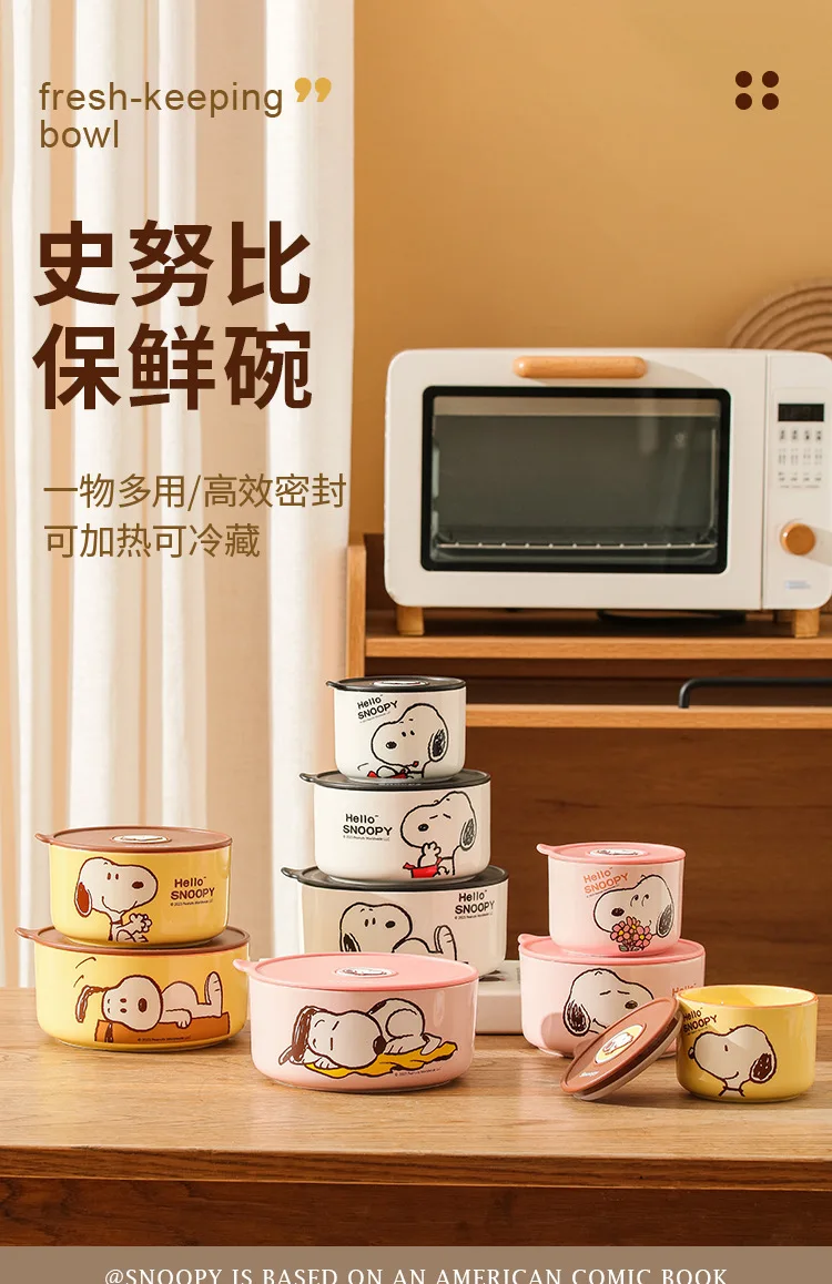 Snoopy Bowl Three Piece Set Crisper Box Child Cartoon Snoopy Ceramics Fresh Bowl With Lid Suit Girl Tableware Lunch Box Gift Box