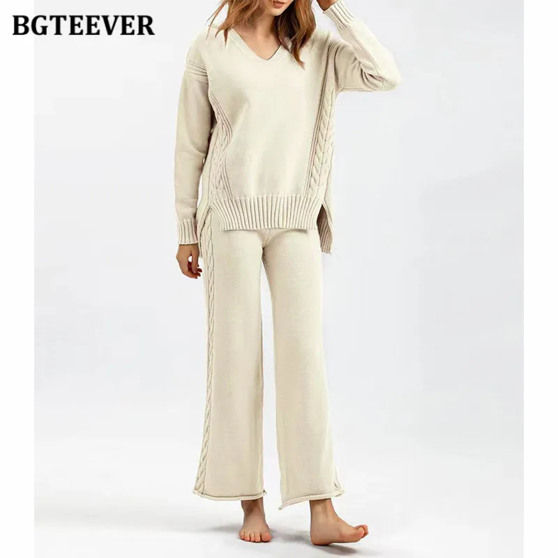 

BGTEEVER Casual Warm Loose Female 2 Pieces Knitted Set V-neck Pullovers Women Wide Leg Pants Autumn Winter Sweater Set for Women