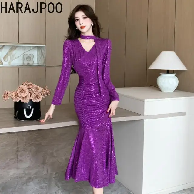 

Женское длинное вечернее платье Harajpoo, стильное облегающее платье с V-образным вырезом, блестками и складками на талии, с запахом, с рыбьим хвостом, весна 2024