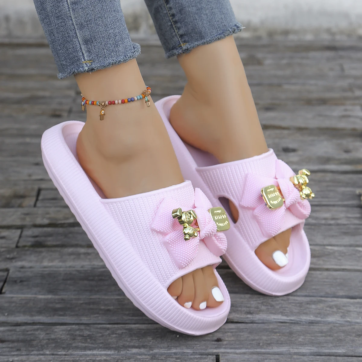 Sommer Damen Slip-On Hausschuhe Entzückende Metallic Bär Schleife Dekor Rutschen Urlaub Strand Spaziergänge Dusche Vielseitige mehrfarbige Sandalen – Detail 19