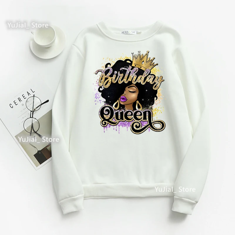 Hoodies Winter/Spring/Autumn Clothes Glitter Birthday Queen Crown Graphic Print Sweatshirt Women Black Girls Magic Melanin Tops